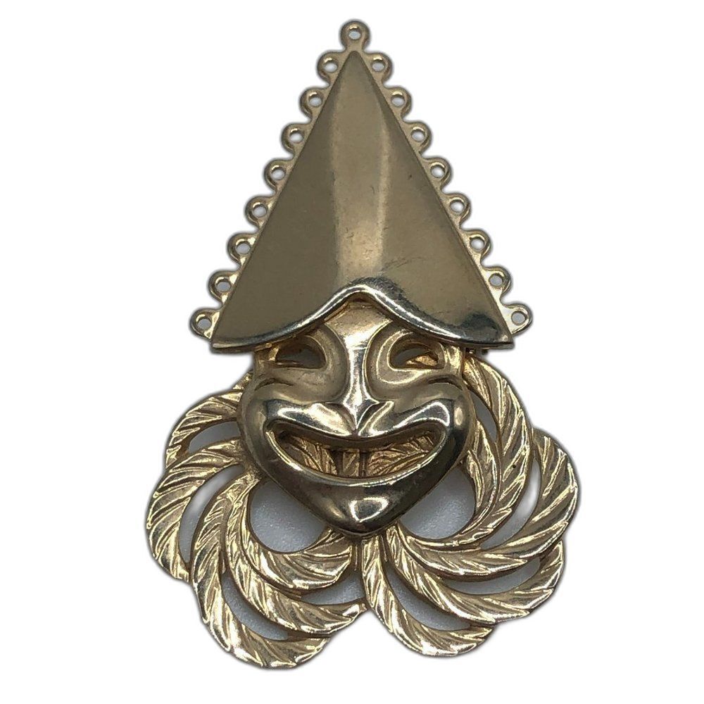 Vintage Harlequin Clown Brooch Pin Gold Tone